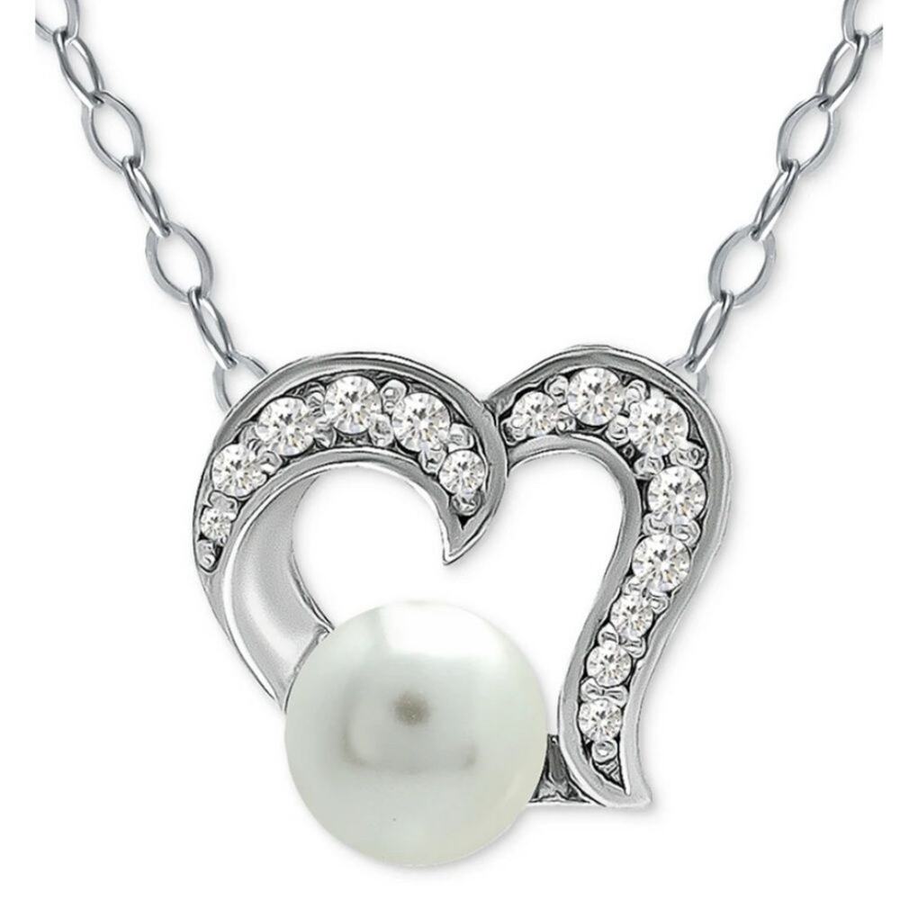 Bernini Freshwatee pearl (5mm) Cúbic Zirconia Open Heart Pendante Necklace 16+2